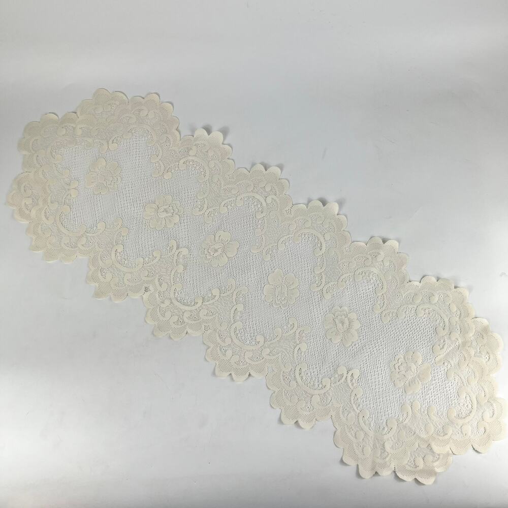 Vintage Ivory Lace Floral Table Runner 34x11 Scalloped Edges Doily Style Decor